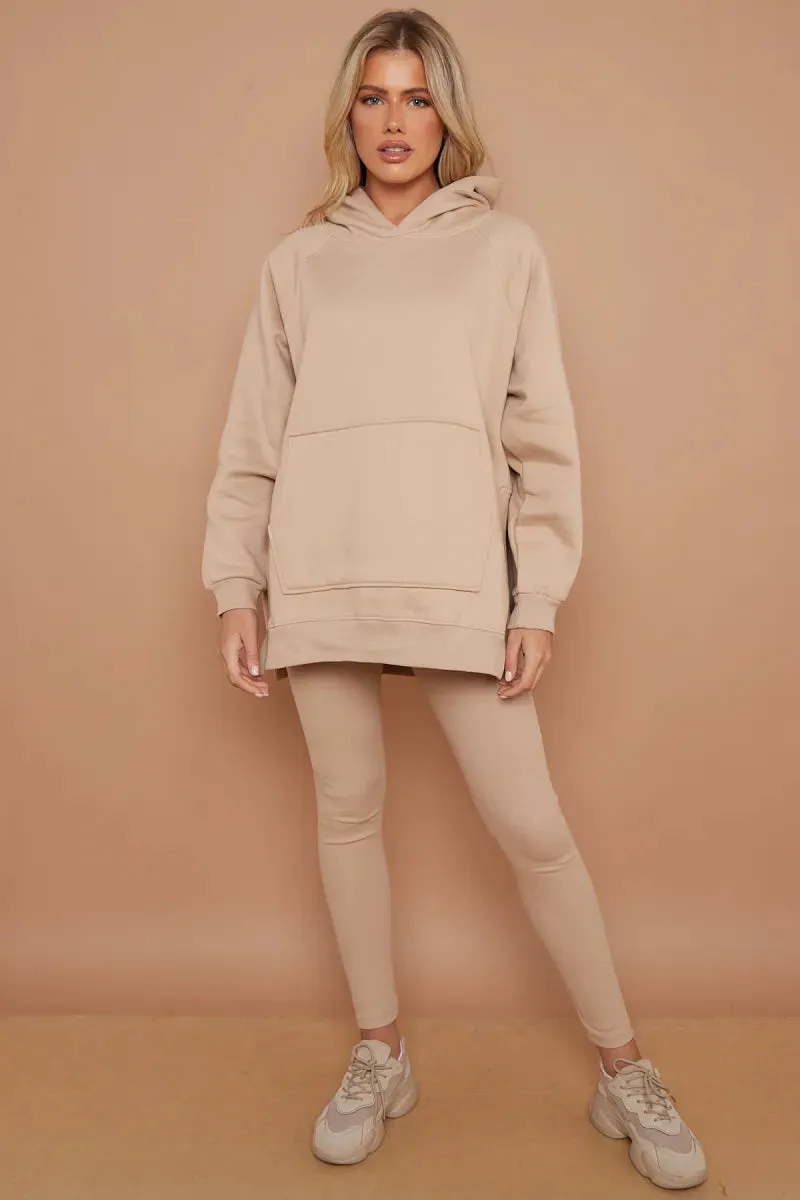 Stone Oversized Side Slit Hoodie & Ribbed Leggings Loungewear Set