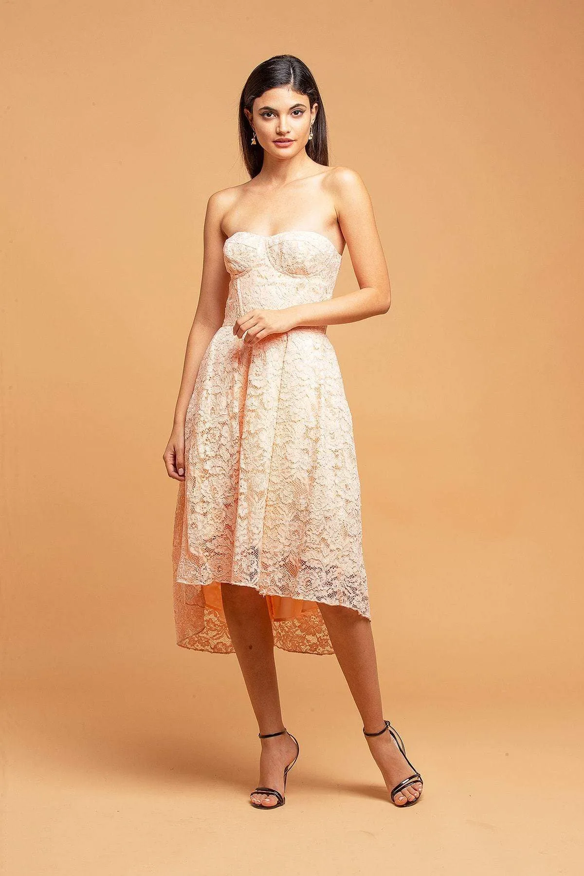 Strapless Lace Apricot Dress Decorative-Design Pure Shape