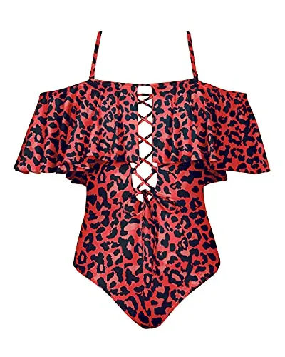 Strapless Lace-Up Women Sexy One Piece Swimwear-Red Leopard