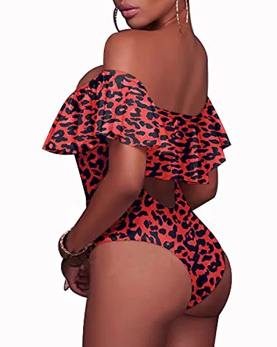 Strapless Lace-Up Women Sexy One Piece Swimwear-Red Leopard