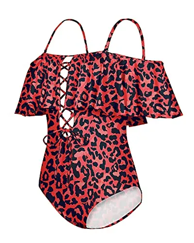 Strapless Lace-Up Women Sexy One Piece Swimwear-Red Leopard