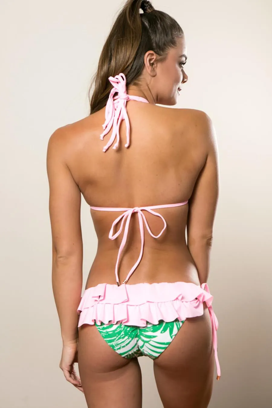 Strappy Ruffled Booty Bikini - Green Pink Palm Leaf Print Swimsuit Set