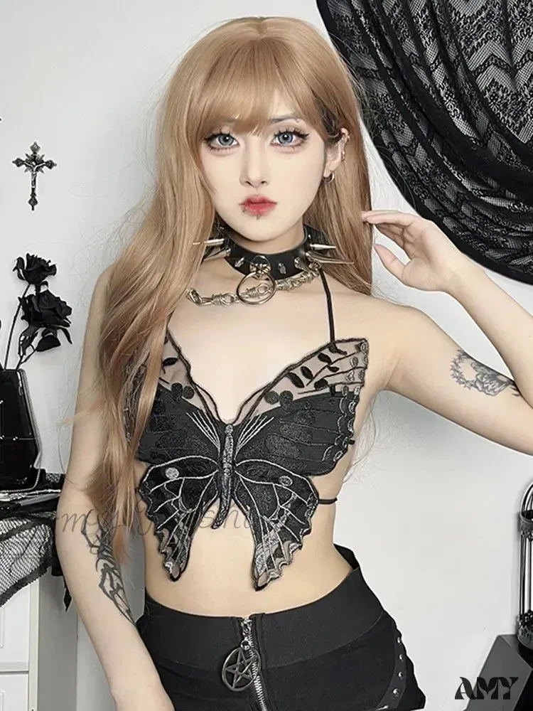 Streetwear Butterfly Top Hollow Out Gothic Backless Crop Lace Summer