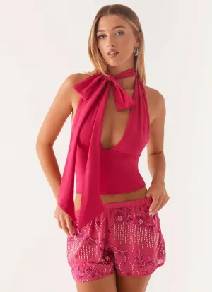 Stretch Core Mercer Sequin Mini Shorts - Fuchsia Layered Look Hidden Pocket System Mercer Sequin Mini Shorts - Fuchsia