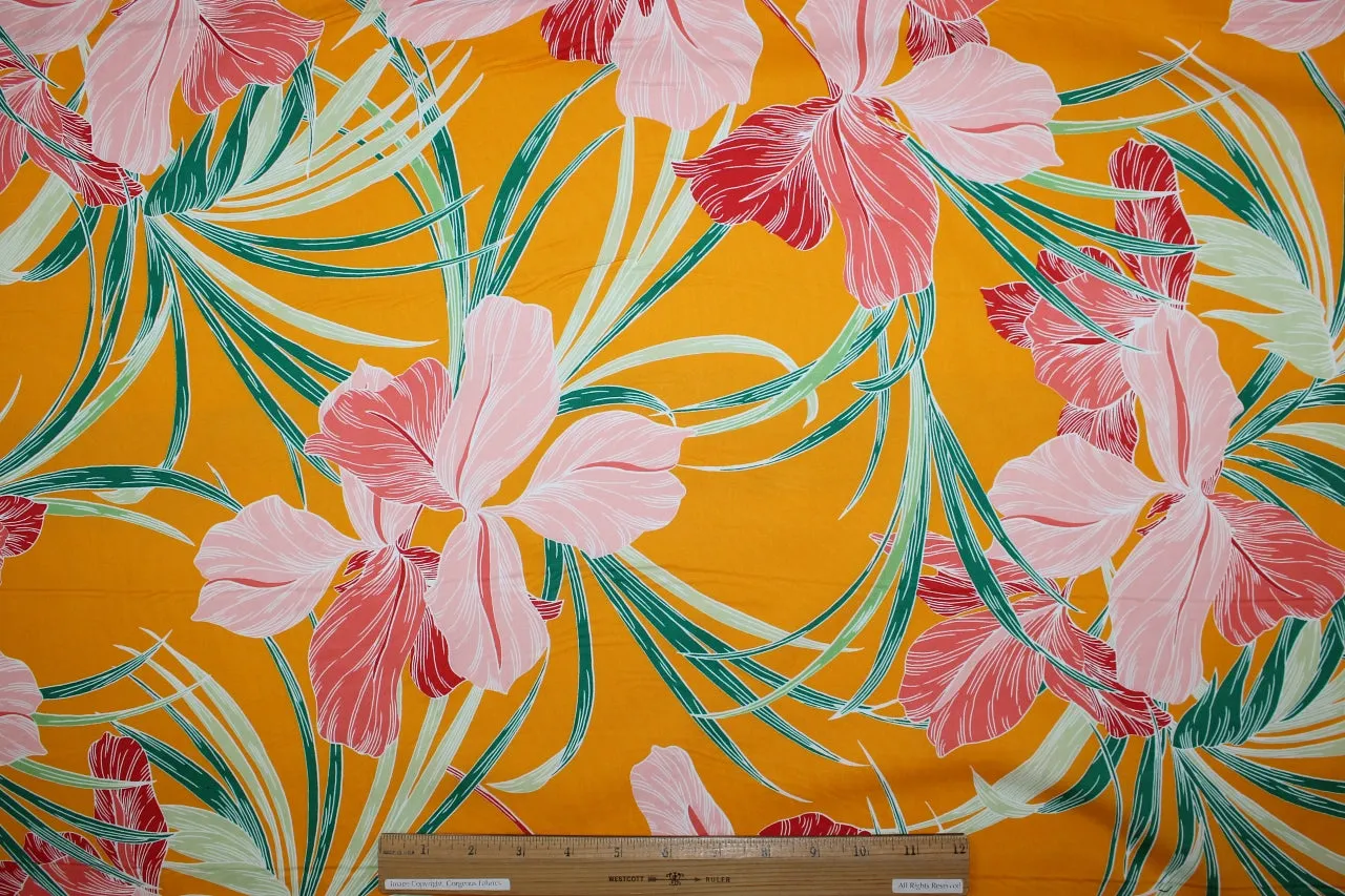 Stretch Shirt Weight Floral Cotton - Corals/Greens on Tangerine