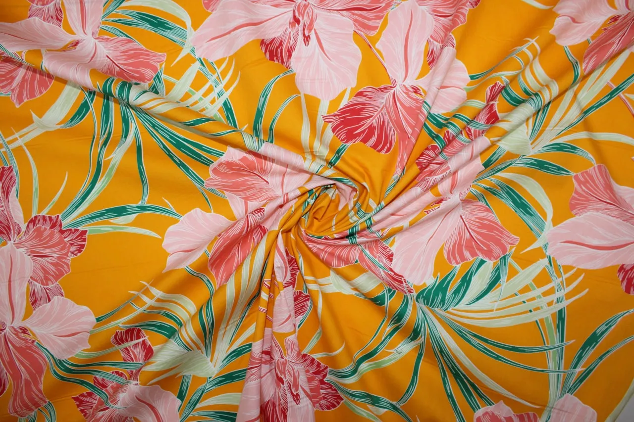 Stretch Shirt Weight Floral Cotton - Corals/Greens on Tangerine
