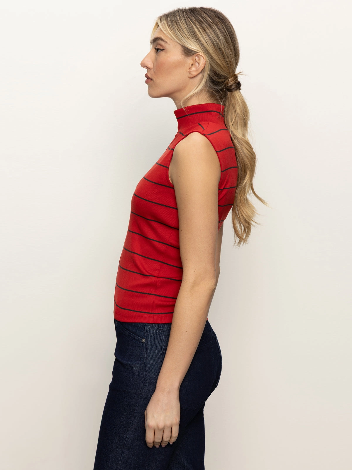 Sleeveless Zip Mock Top Red Energy/Black Stripe Zero Waste Production