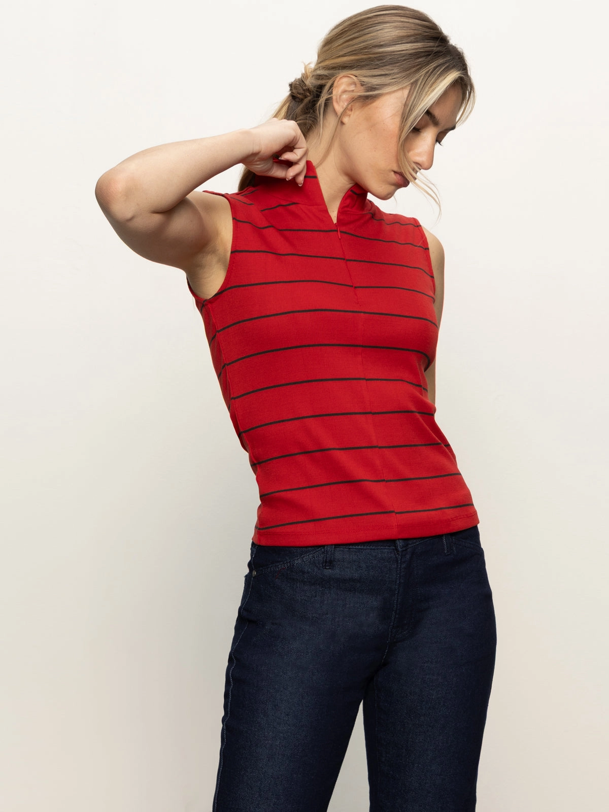 Flexible Waistband Sleeveless Zip Mock Top Red Energy/Black Stripe