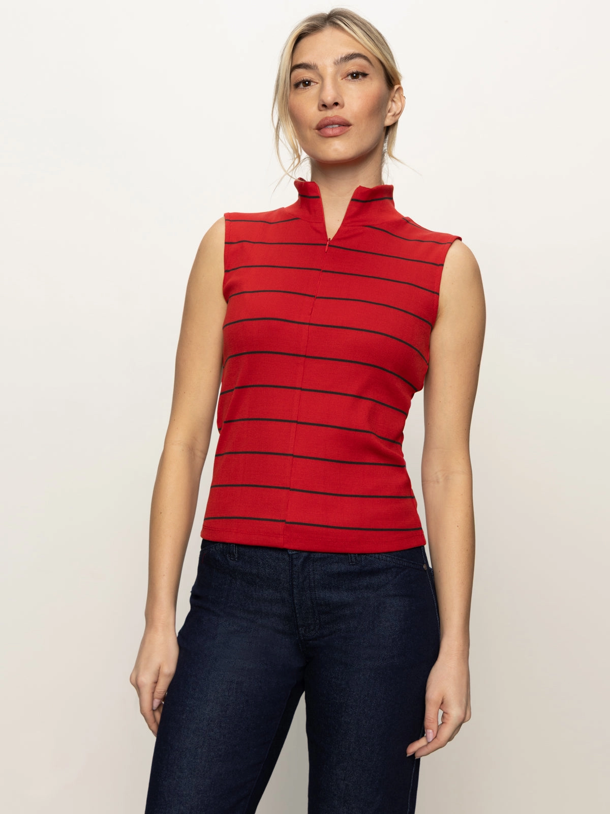 Sleeveless Zip Mock Top Red Energy/Black Stripe Ultra Soft Ribbed collar
