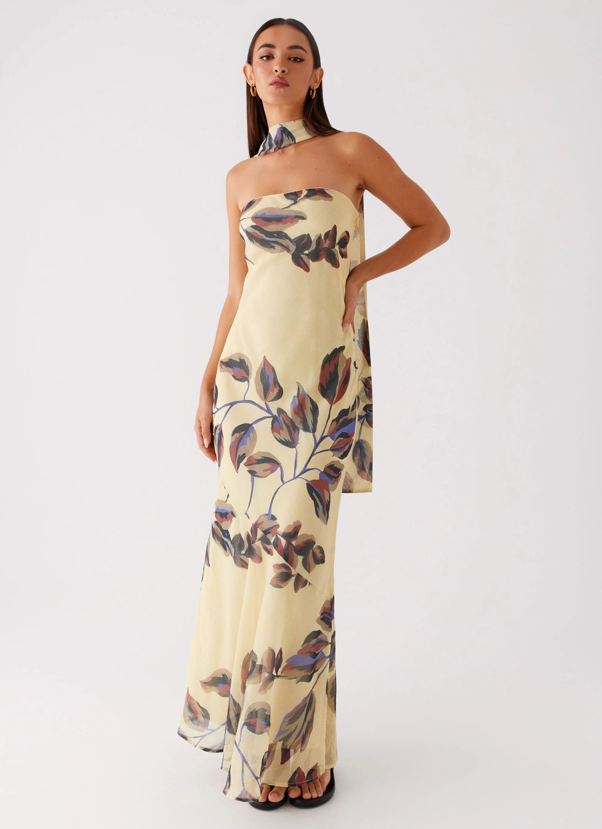 Chic Layers Flattering Cut Wear Under The Pagoda Maxi Dress - Buttercream Leaf Print