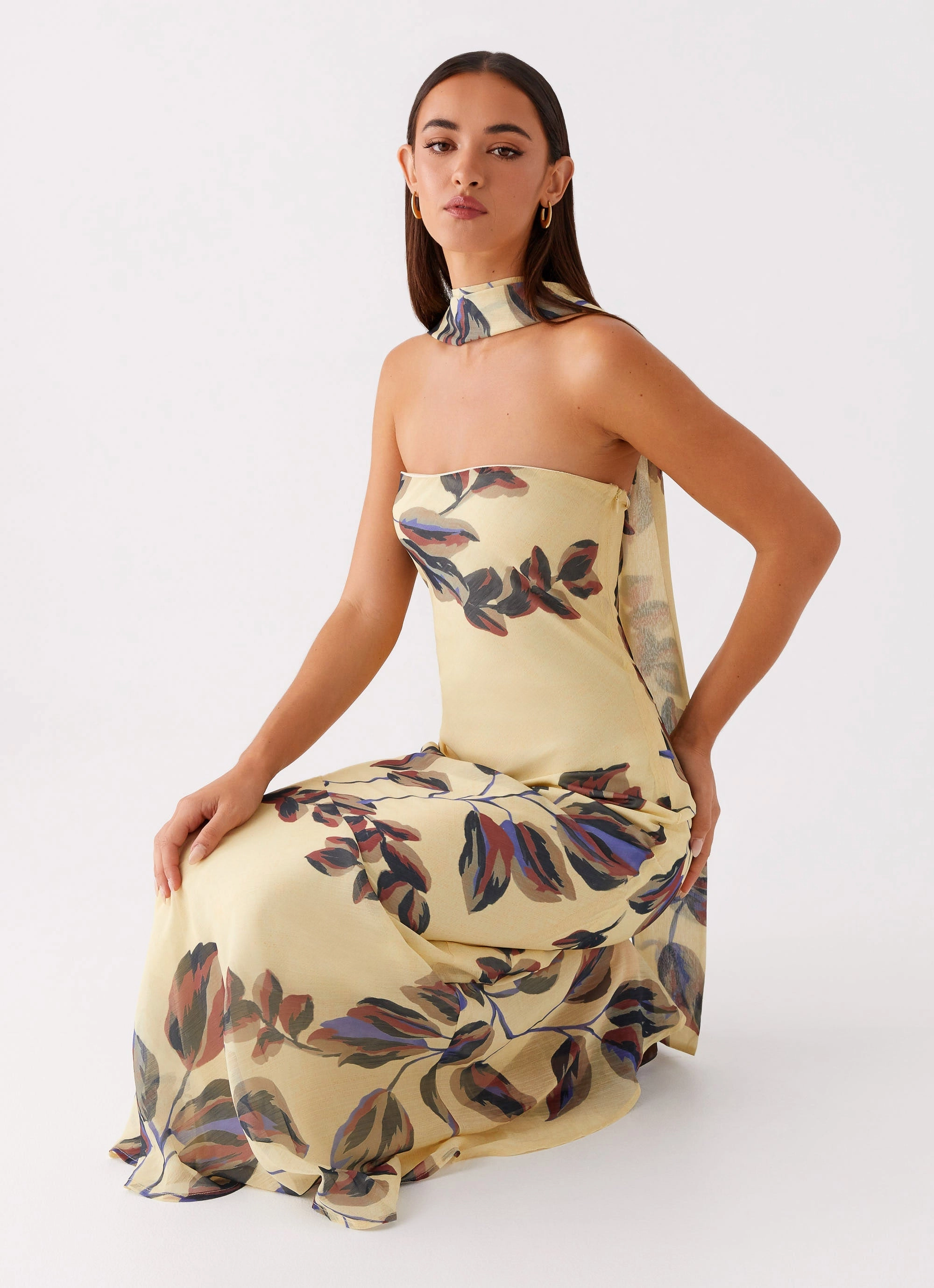 Occasion Wear Under The Pagoda Maxi Dress - Buttercream Leaf Print