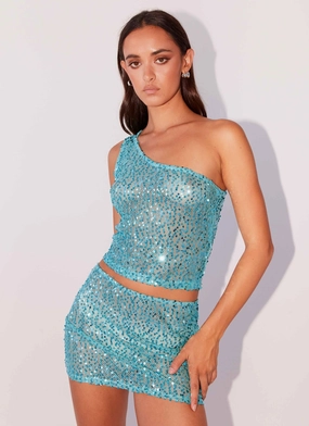 Stretchable Shoulder Design Neon Nights Sequin One Shoulder Top - Crystal ZeroWaste Construction Chic Cardigan Neon Nights Sequin One Shoulder Top - Crystal