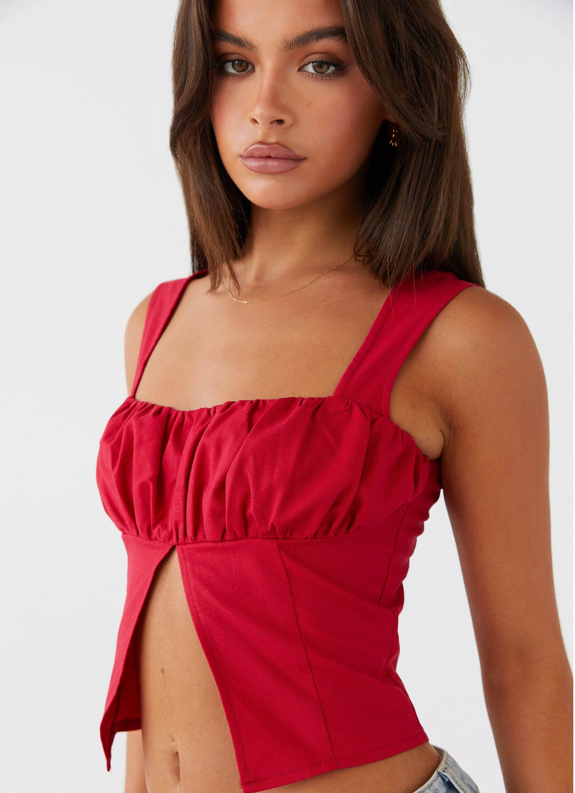 Hypoallergenic Inner Layer A Poet's Notes Linen Top - Red