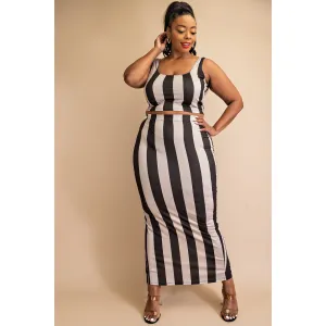 Stripe Crop Top Skirt Set Plus - Black