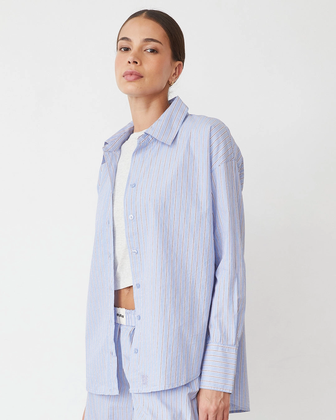 UVProtectionCoating Weighted Hem Design Stripe Poplin Oversized Shirt