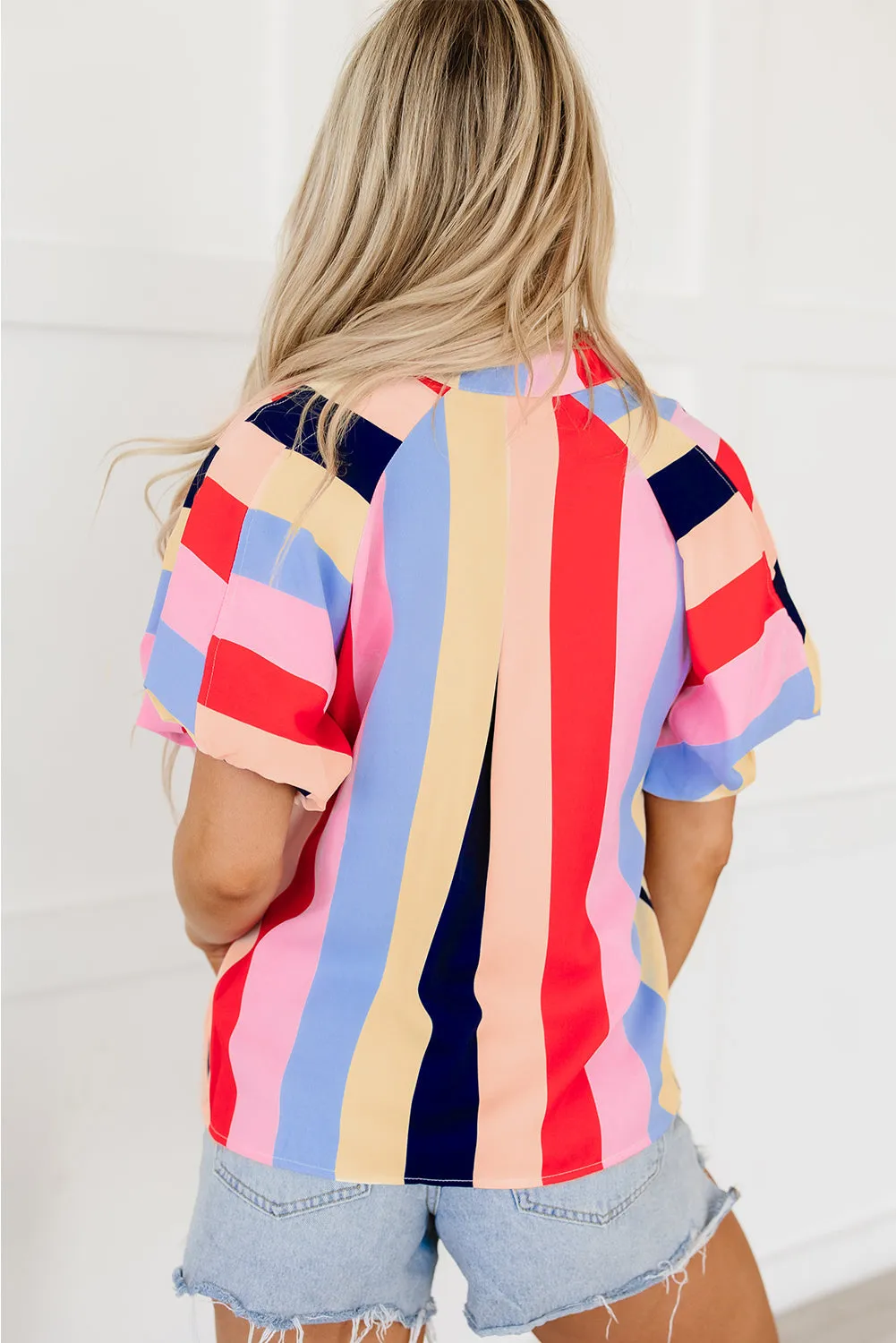 Striped Puff Sleeve Buttoned Shirt
