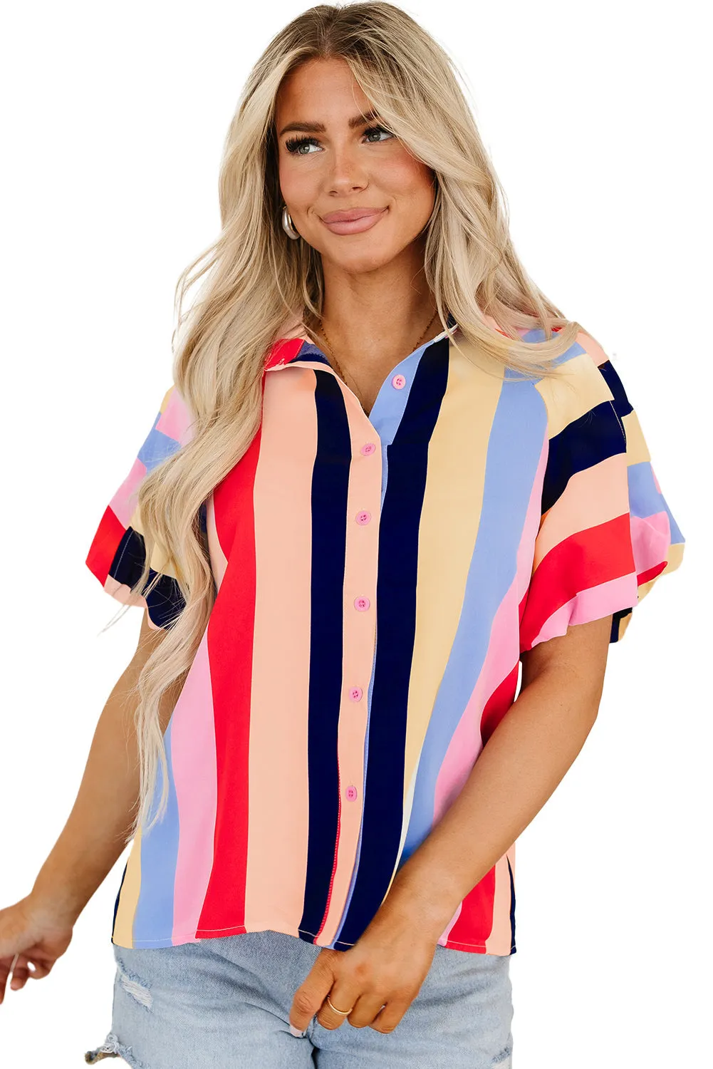 Striped Puff Sleeve Buttoned Shirt