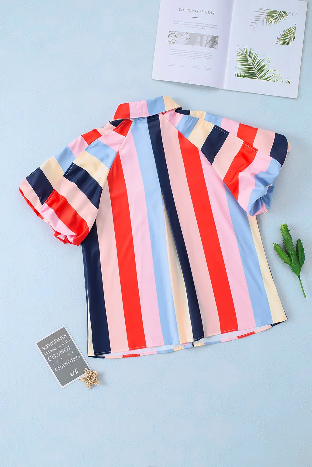 Striped Puff Sleeve Buttoned Shirt