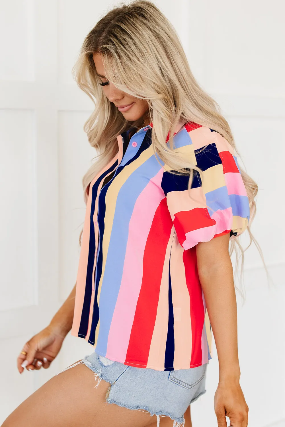 Striped Puff Sleeve Buttoned Shirt