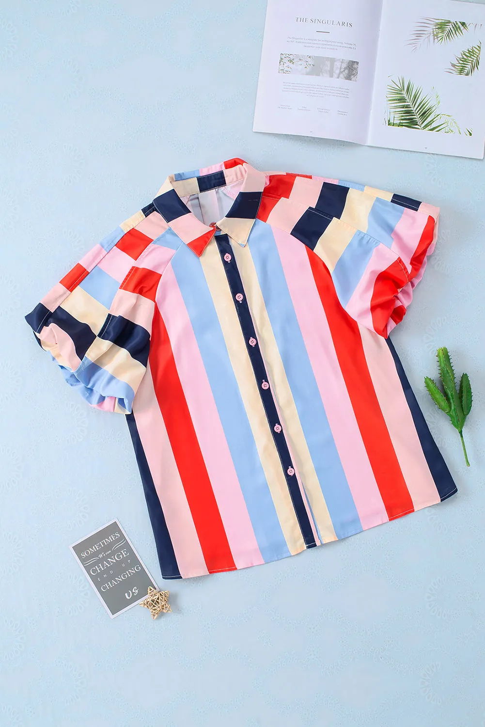 Striped Puff Sleeve Buttoned Shirt