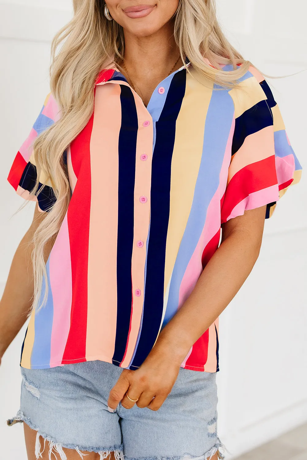 Striped Puff Sleeve Buttoned Shirt