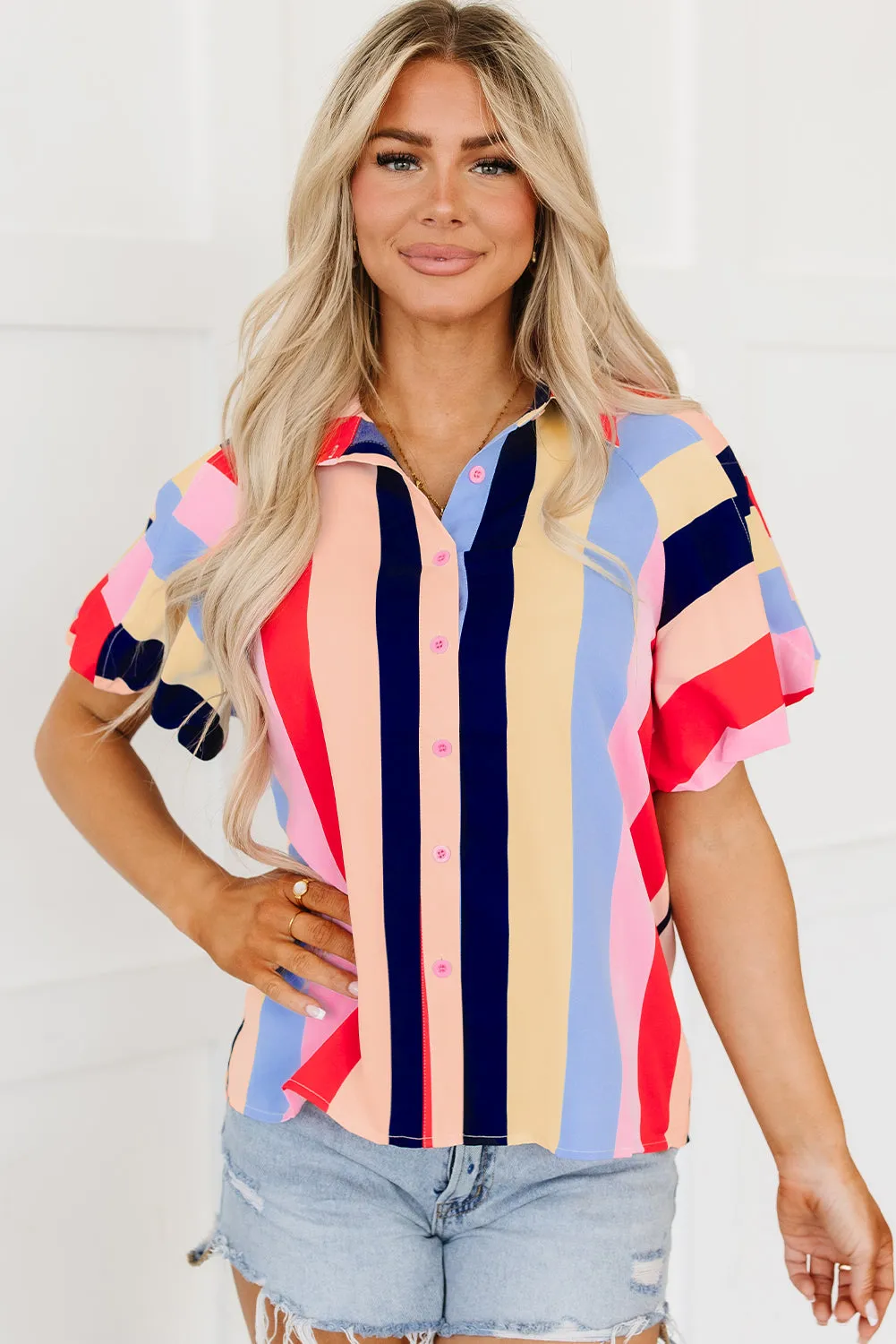 Striped Puff Sleeve Buttoned Shirt