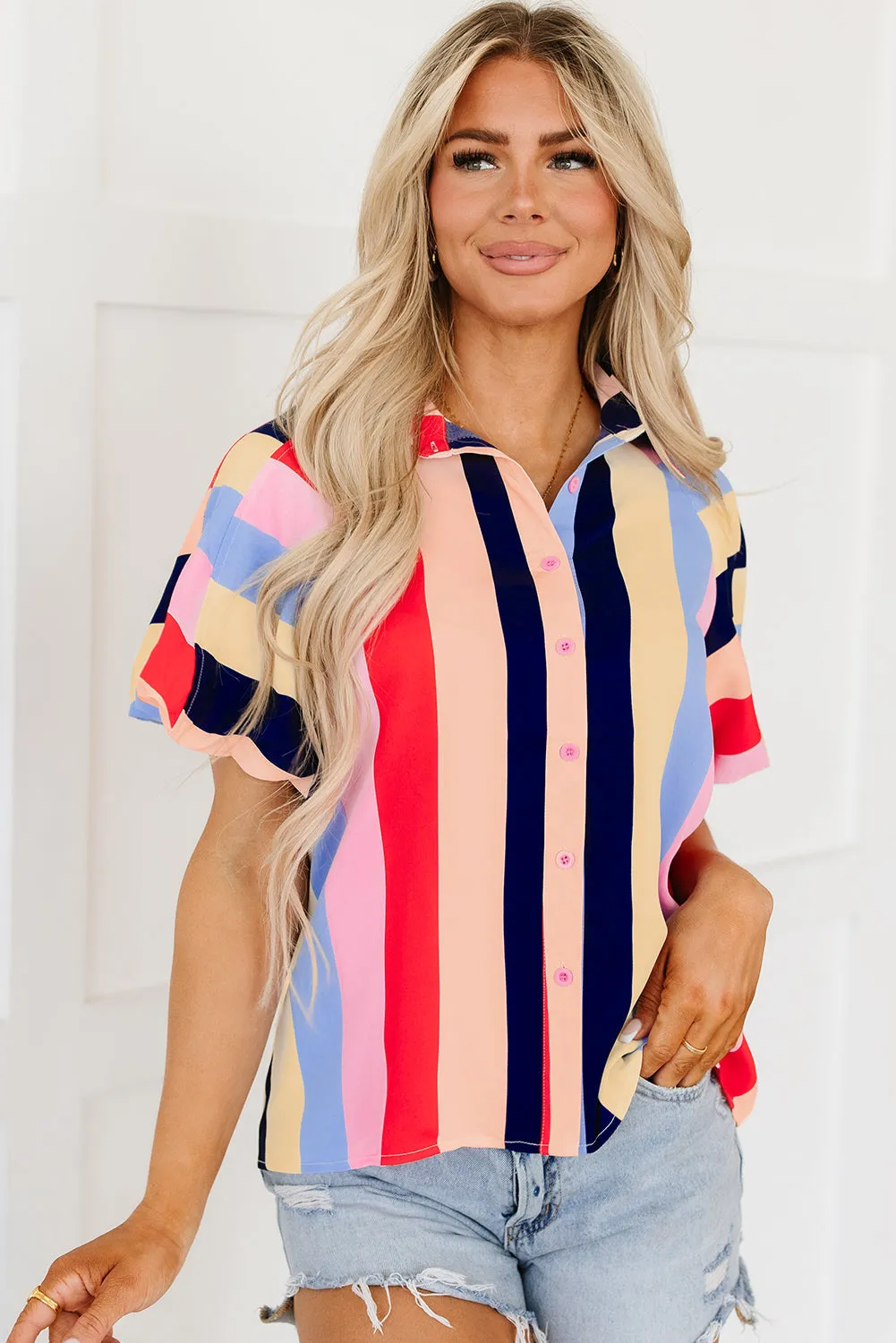 Striped Puff Sleeve Buttoned Shirt