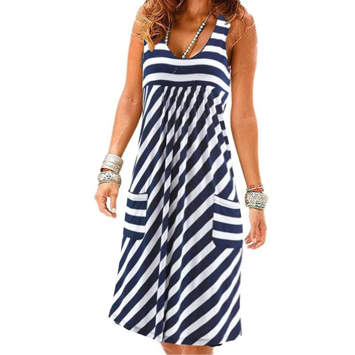 Striped Sleeveless Cami Dress Pocket Women Pocket Dress