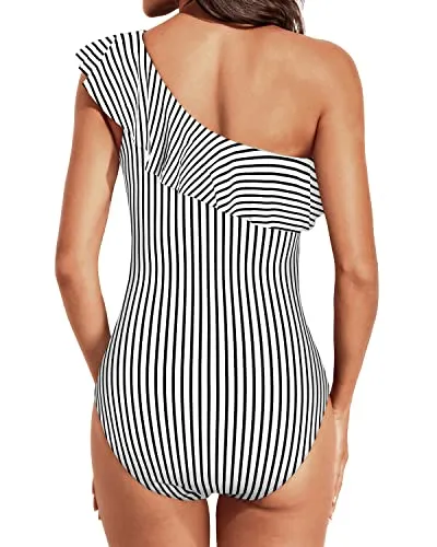 Striped Women's Tummy Control Ruffle One Shoulder Swimsuit-Black And White Stripe