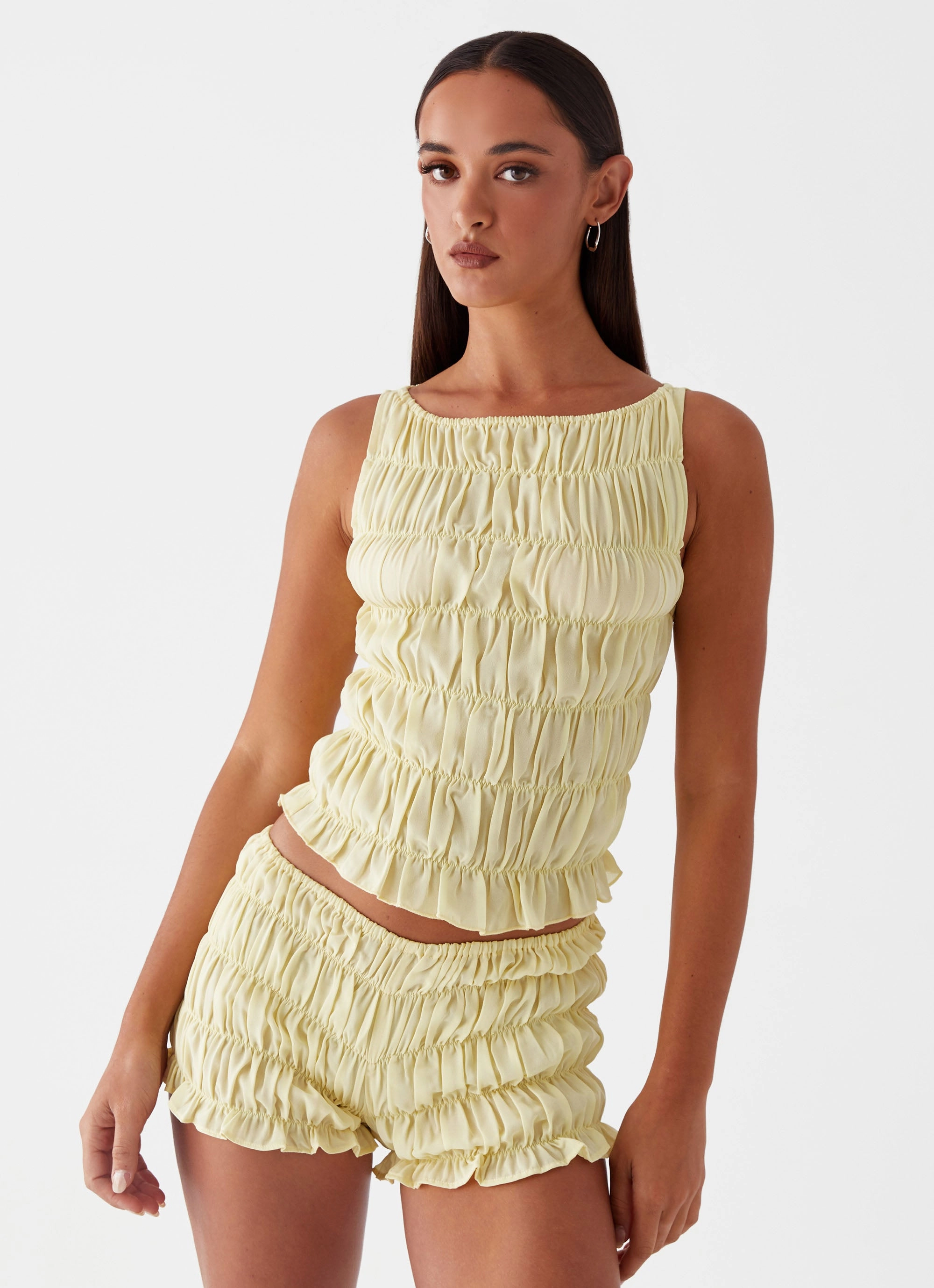 Wardrobe Staple Cutout Design Messina Ruched Tank Top - Yellow