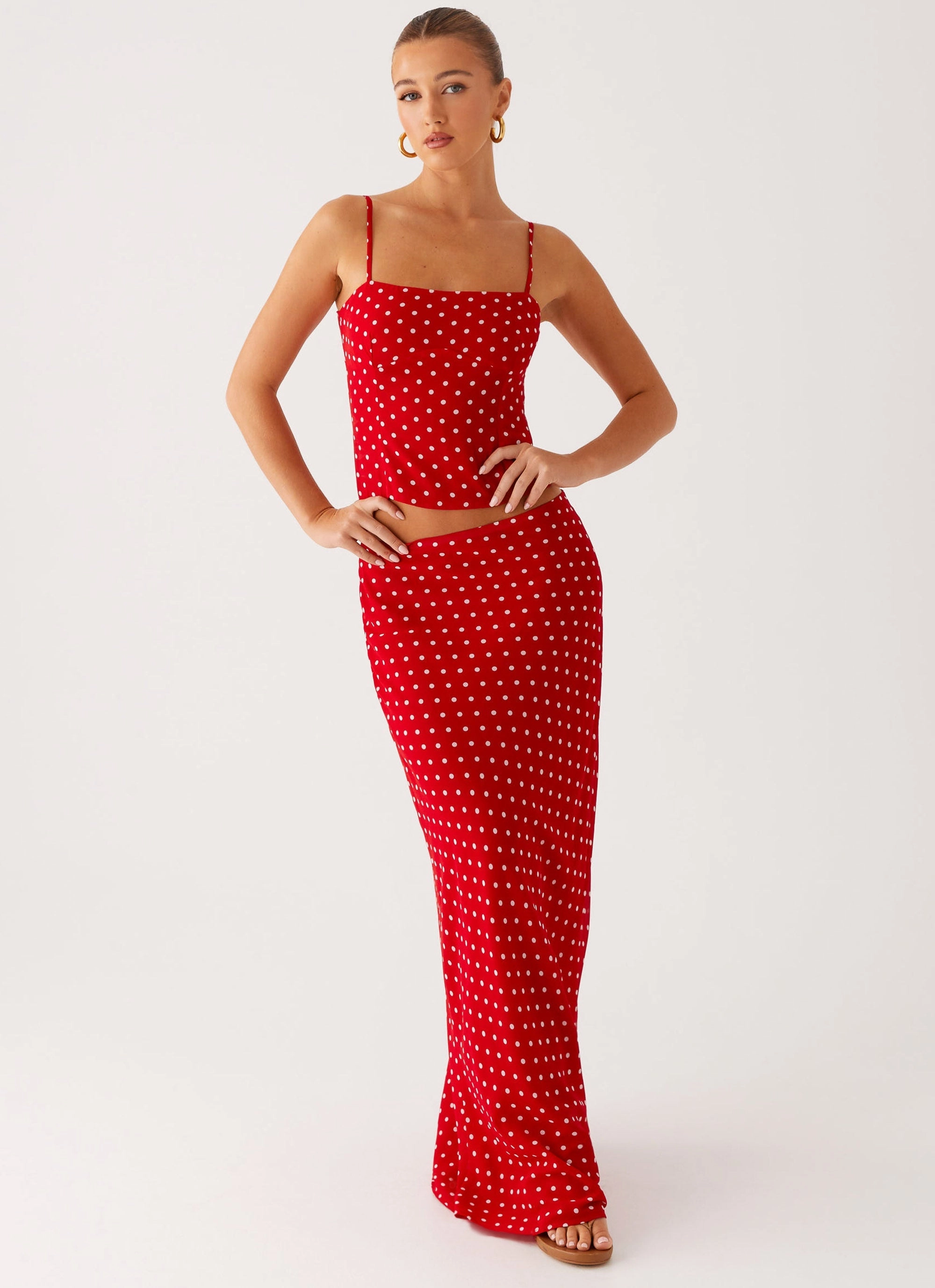 Bendita Maxi Skirt - Red Polka Dot Fold Over Design