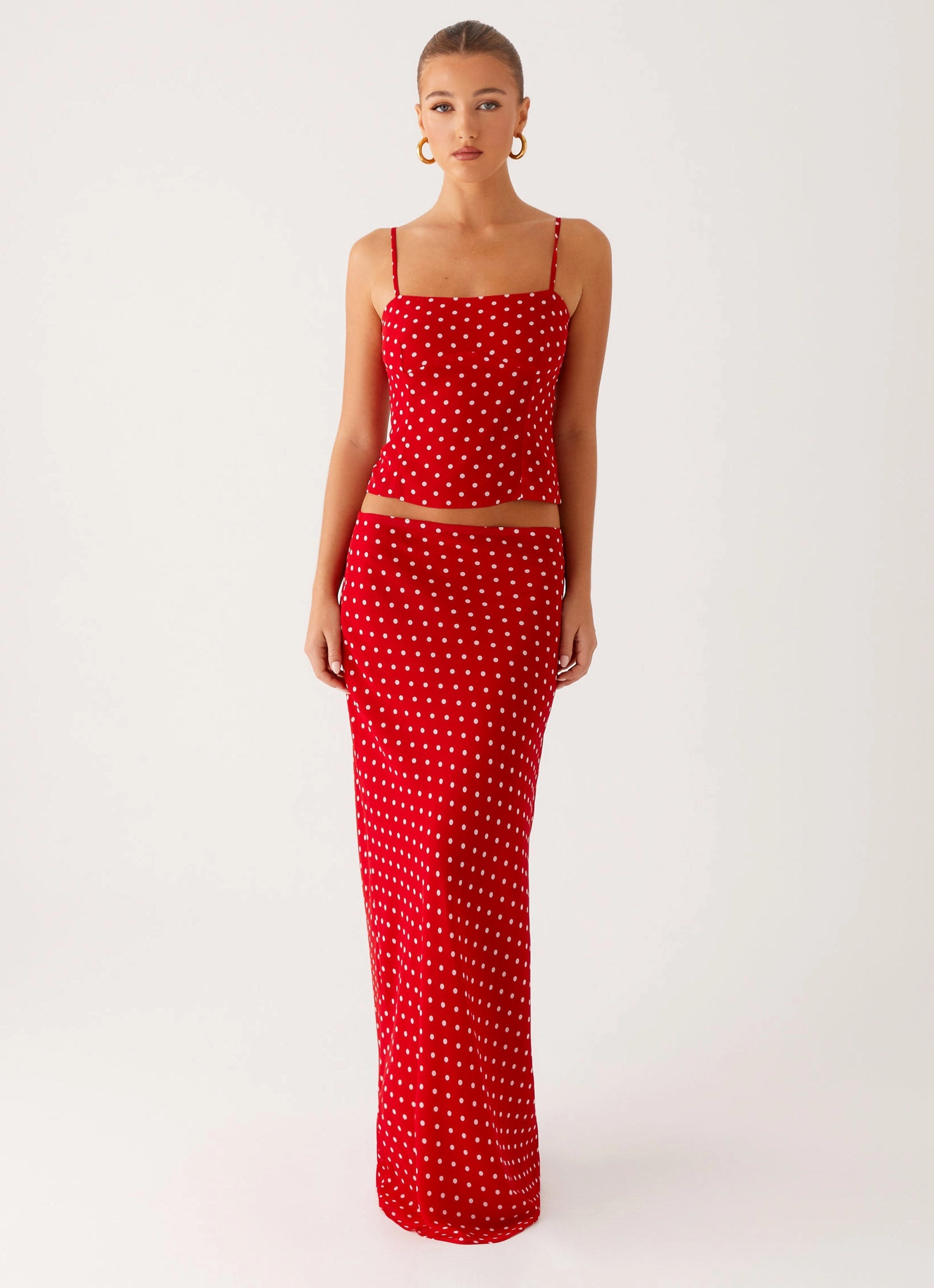 Bendita Maxi Skirt - Red Polka Dot Cool Tone