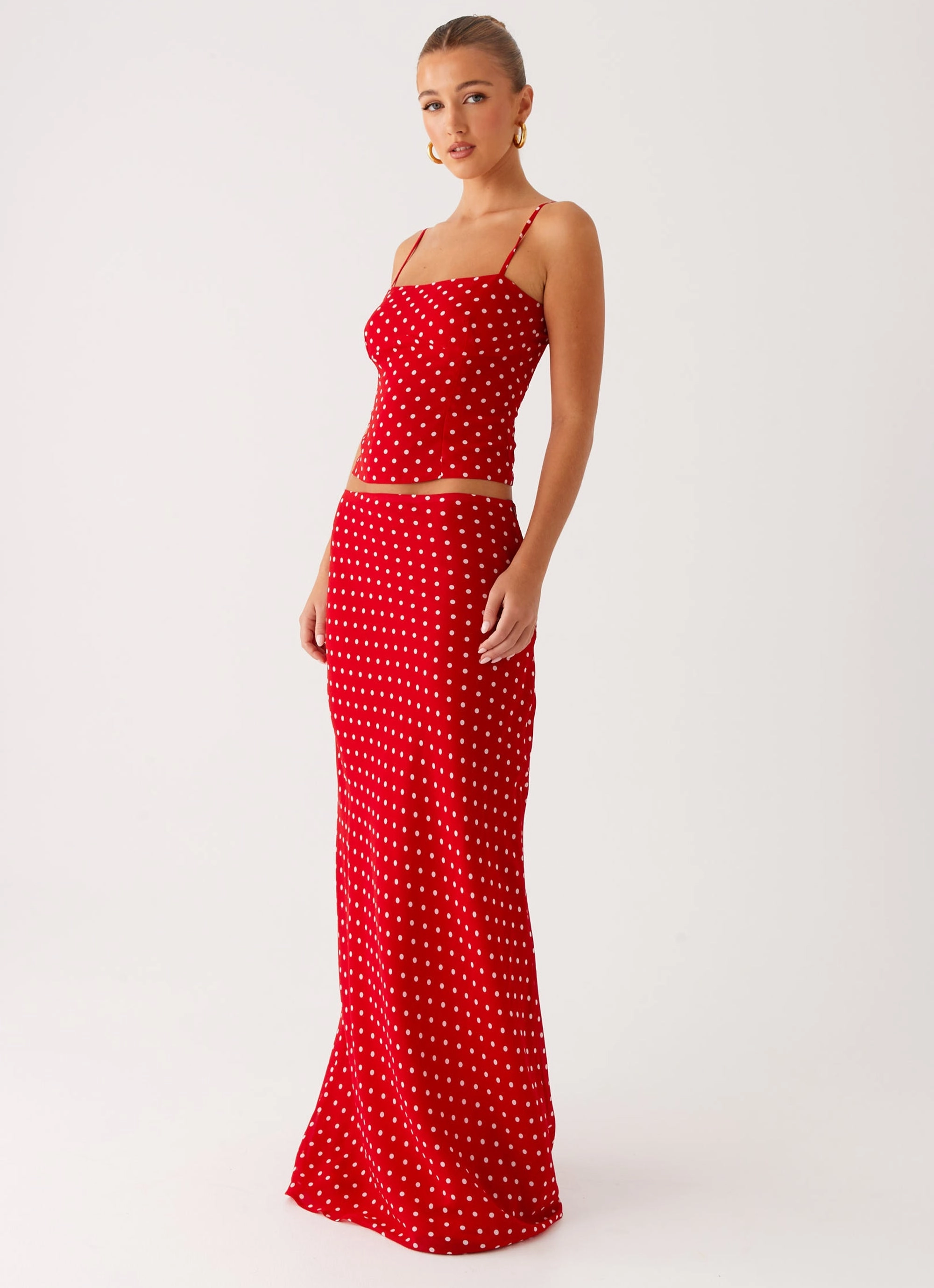 Polka Dot Layered Hem Bendita Maxi Skirt - Red Polka Dot