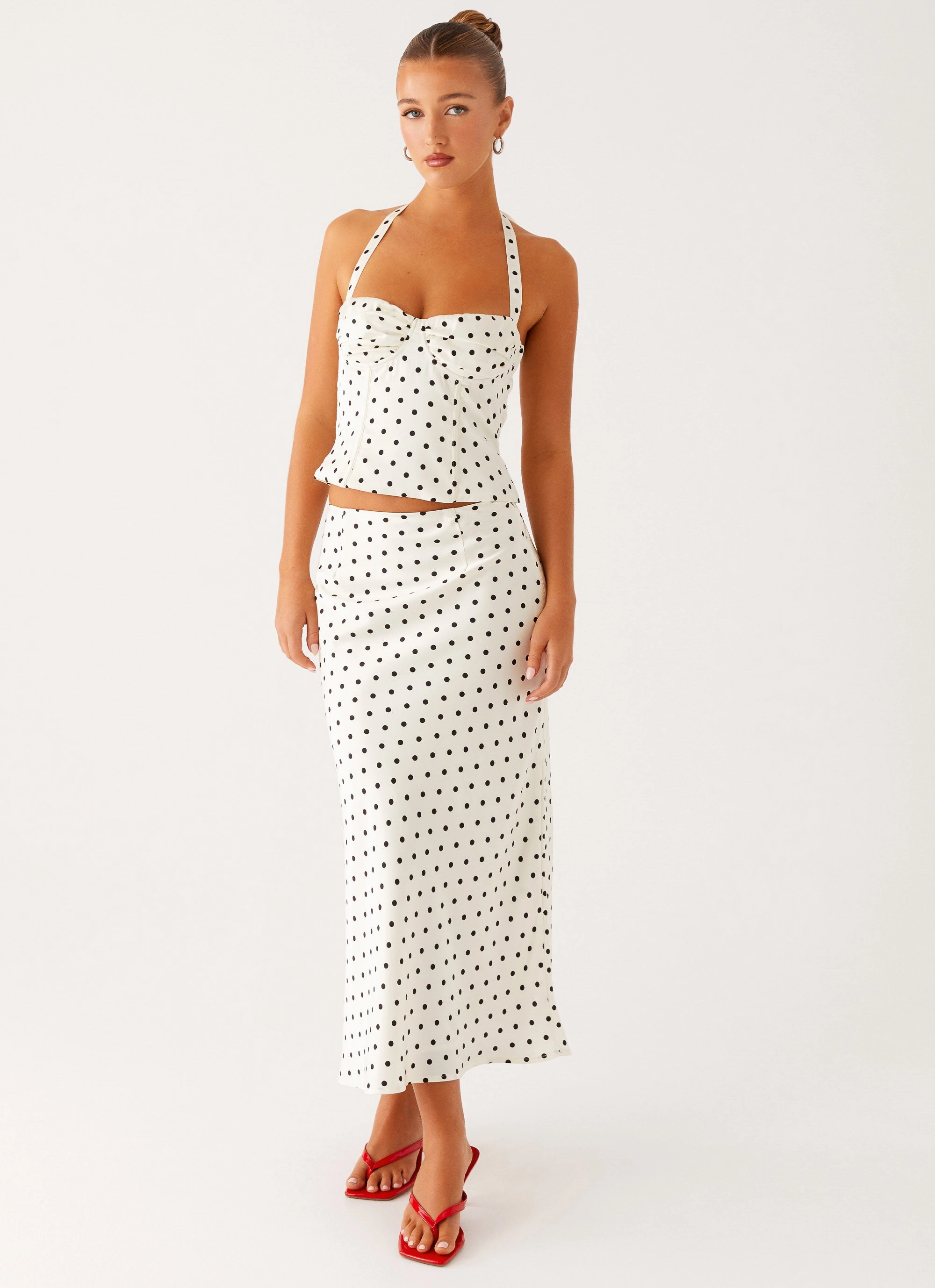 Breanne Midi Skirt - White Polka Dot Body Fit Rugged Fit