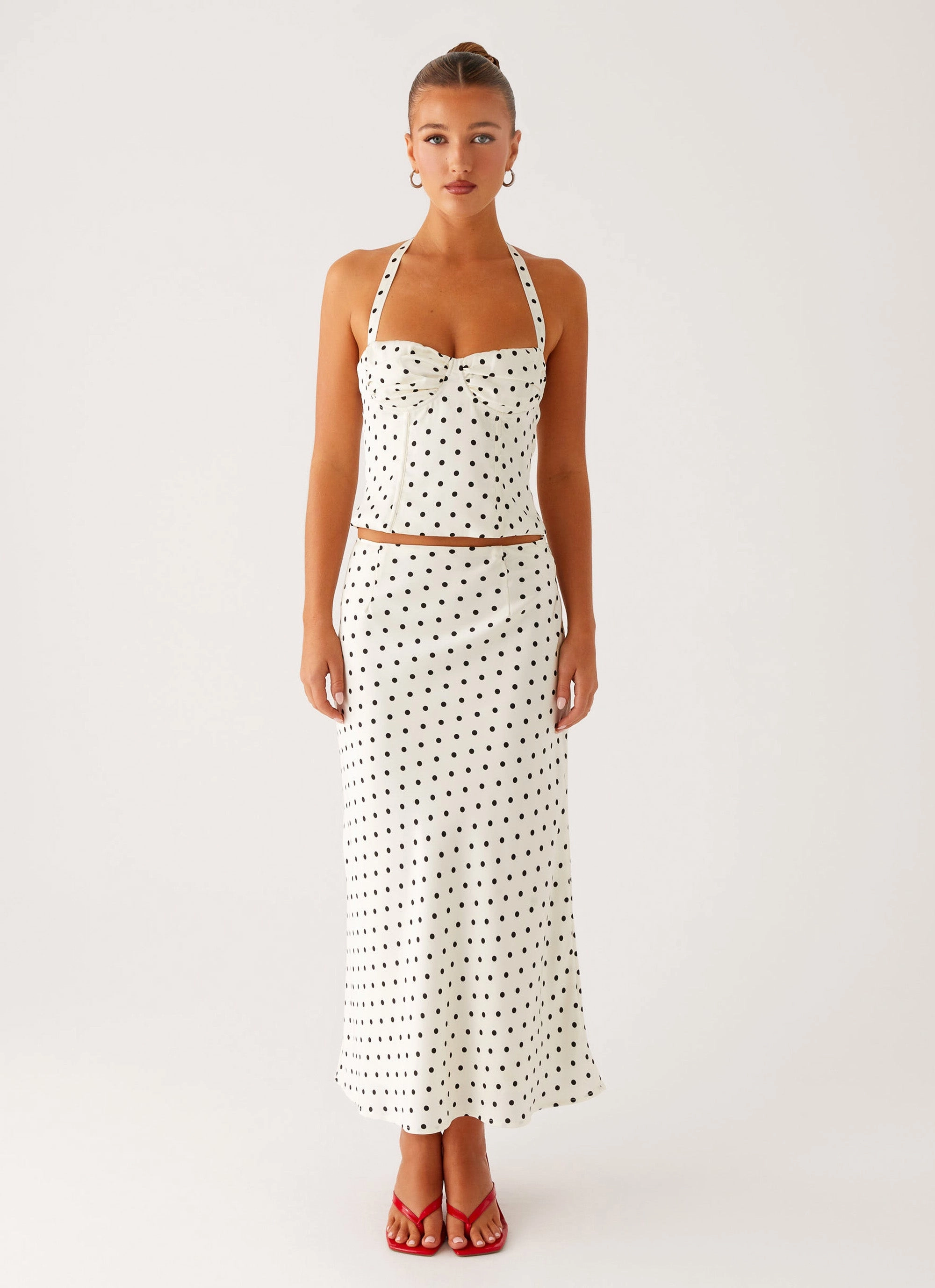 Breanne Midi Skirt - White Polka Dot Comfort Flex Soft and Cozy