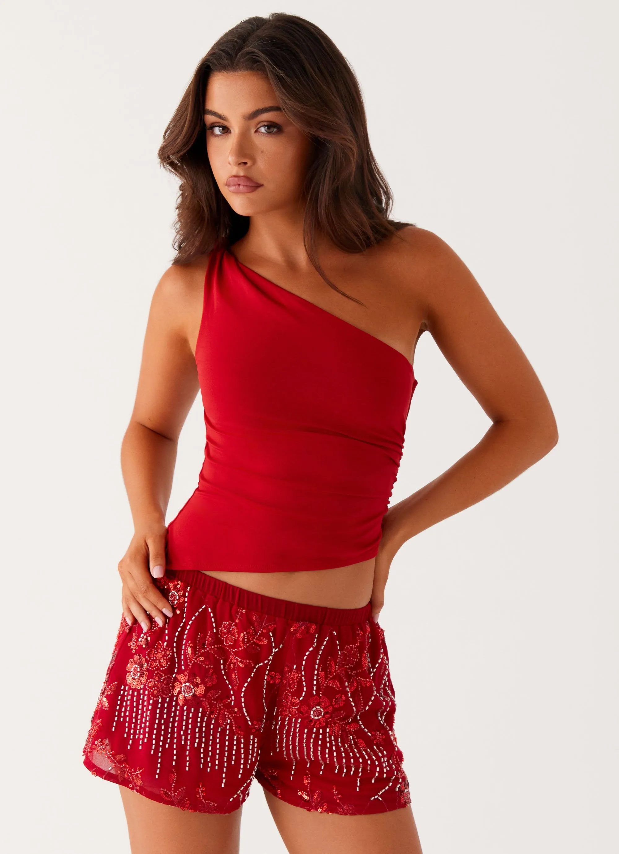 Mercer Sequin Mini Shorts - Red Casual Flex