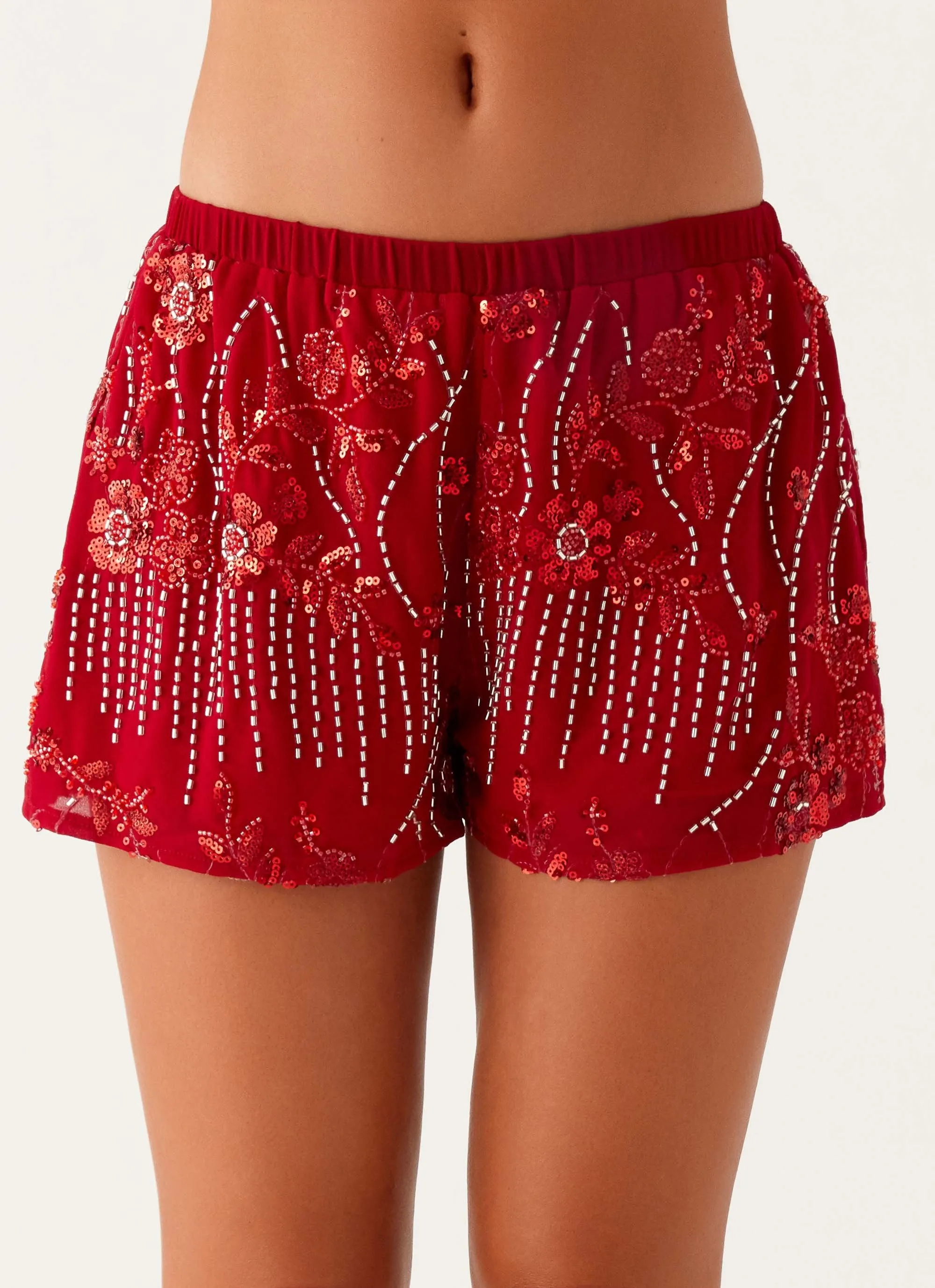 Mercer Sequin Mini Shorts - Red Perfect Silhouette