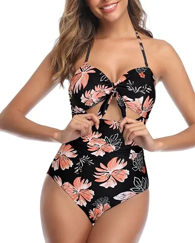 Stylish Cutout Retro High Waist Swimsuits-Black Orange Floral