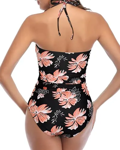 Stylish Cutout Retro High Waist Swimsuits-Black Orange Floral
