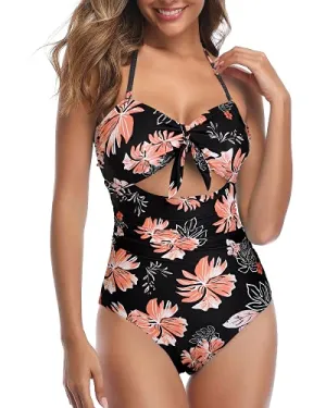 Stylish Cutout Retro High Waist Swimsuits-Black Orange Floral