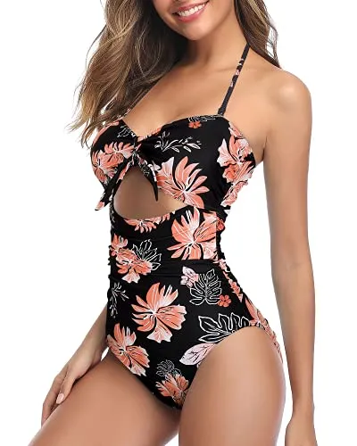 Stylish Cutout Retro High Waist Swimsuits-Black Orange Floral