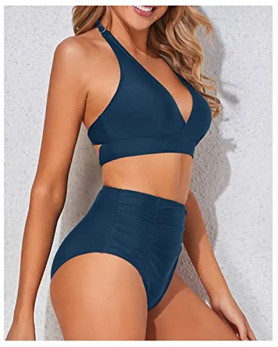 Stylish Double Buckles Two Piece High Waisted Bikini Set-Teal