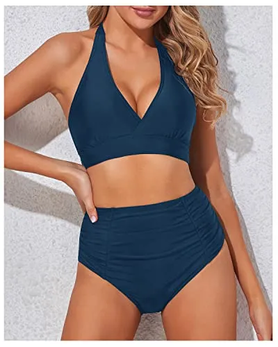 Stylish Double Buckles Two Piece High Waisted Bikini Set-Teal