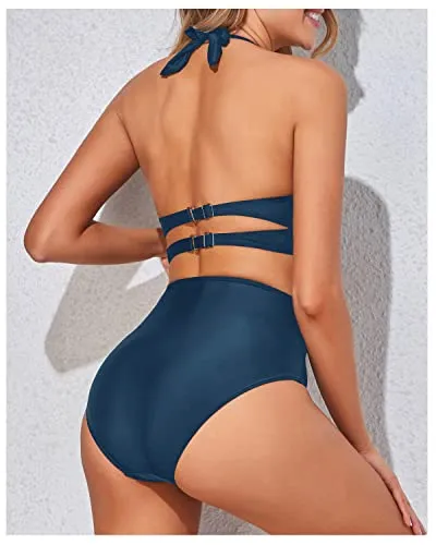 Stylish Double Buckles Two Piece High Waisted Bikini Set-Teal