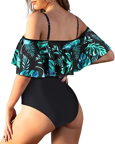 Stylish One Piece Ruffle Skirt Swimsuit Off The Shoulder-Black And Green Leaves