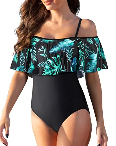 Stylish One Piece Ruffle Skirt Swimsuit Off The Shoulder-Black And Green Leaves