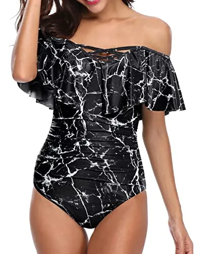 Stylish Tummy Control Swimwear for Women Off Shoulder Vintage Ruffle One Piece Swimsuits