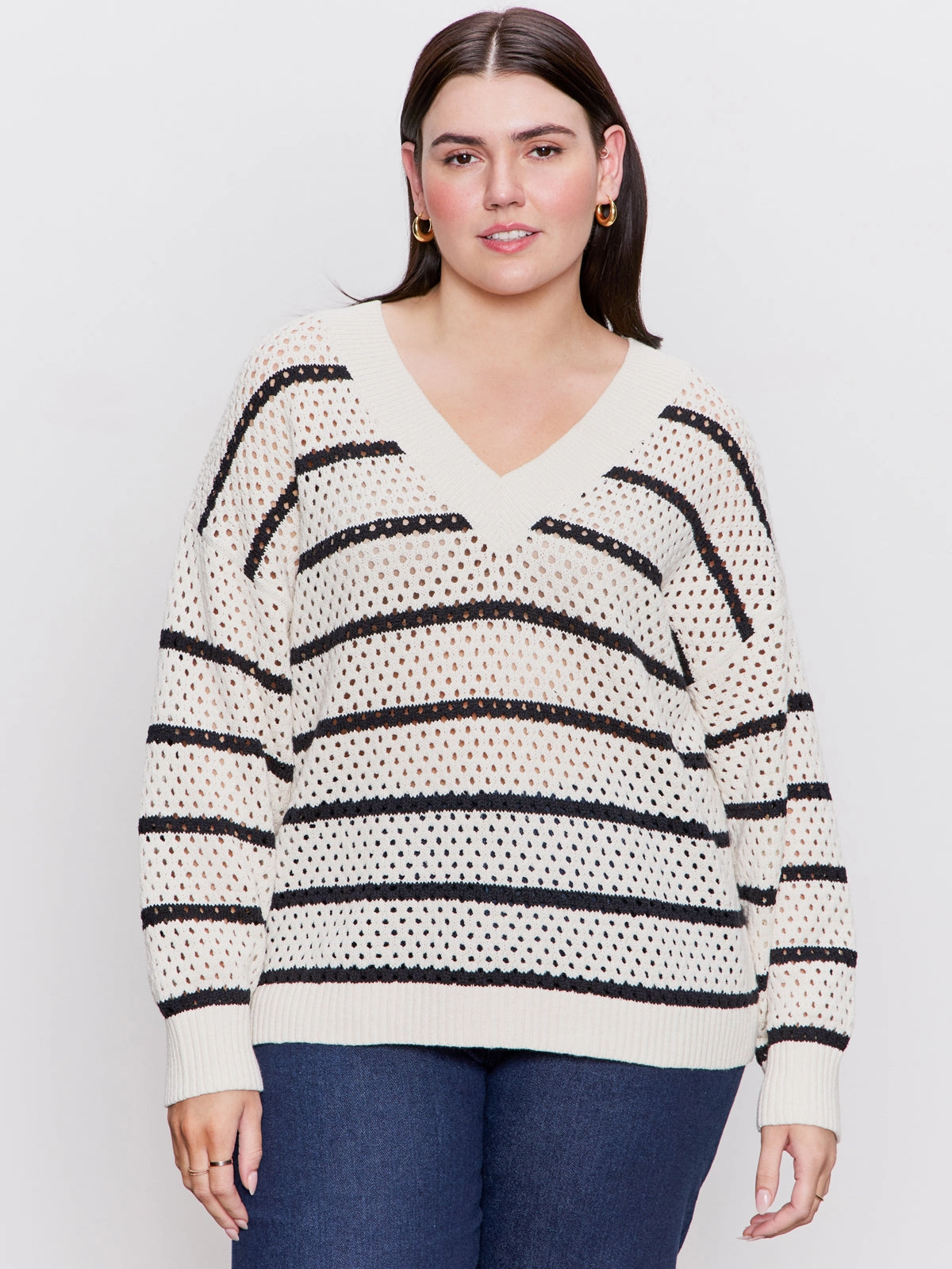 Airy Openwork Sweater Chalk Black Stripe Extended Sizing AntiPilling Finish