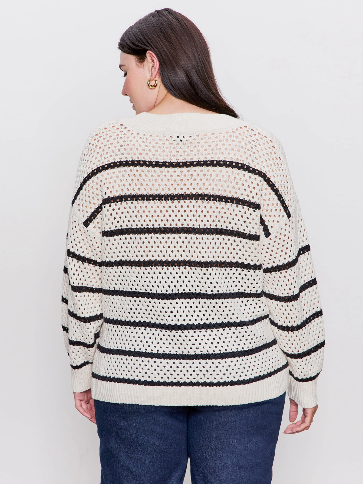 Stay Cozy windy days Airy Openwork Sweater Chalk Black Stripe Extended Sizing