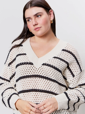 Stylish Comfort Airy Openwork Sweater Chalk Black Stripe Extended Sizing Airy Openwork Sweater Chalk Black Stripe Extended Sizing Fresh Season